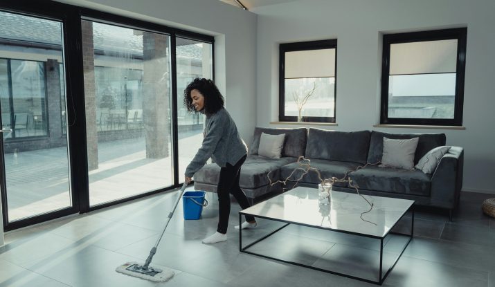 Aide ménagère à domicile nettoyant un salon
